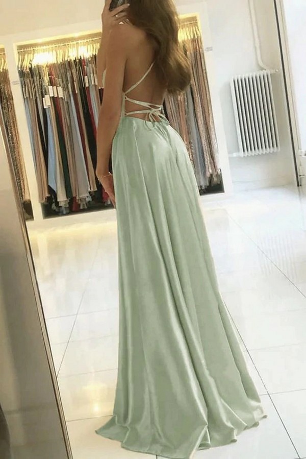 Evening Gowns Off the Shoulder Satin Long Prom Dresses with Leg Slit Vneck Floor Length Arabic robe de soiree