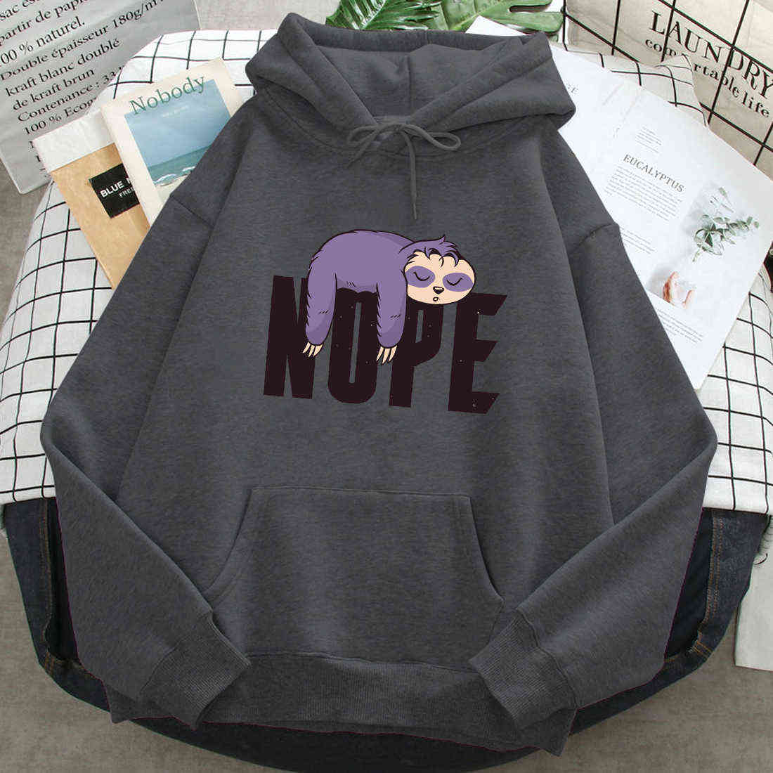 Nope Sleep Sloth Print Hoodies Man Women Casual Loose Sweatshirts Autumn Long Sleeve Hooded Pockets Hip Hop Streetwear Clothes H0909