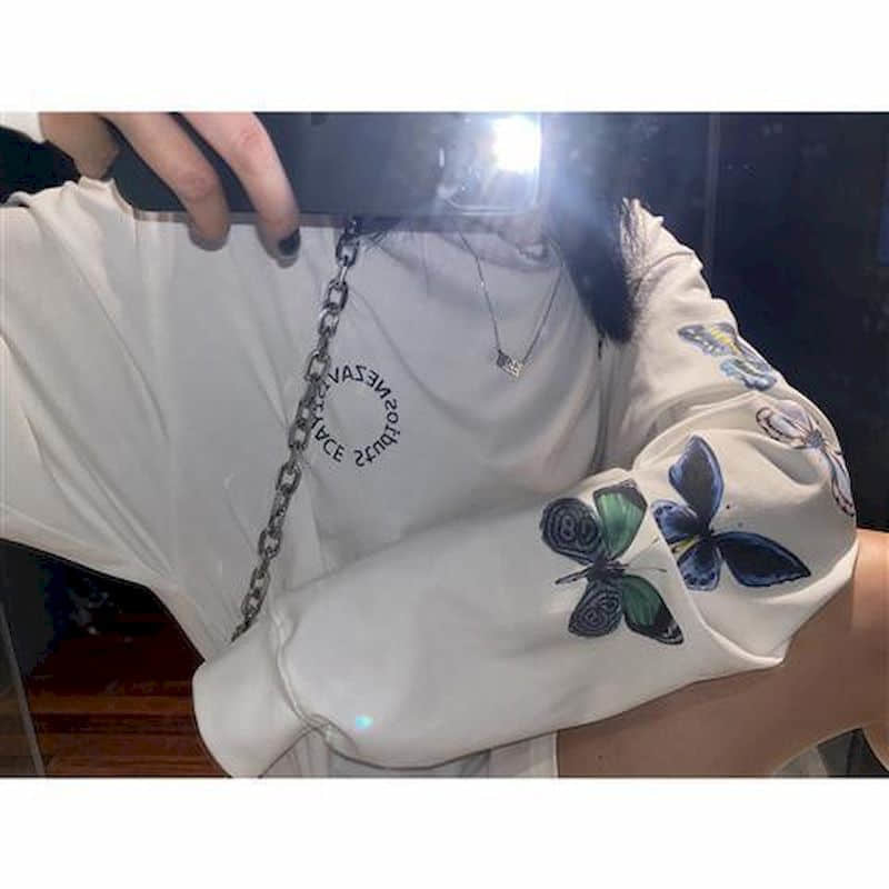 woman tshirts Long-sleeved T-shirt women autumn new Harajuku style bf style butterfly print Korean student loose ins top 210406