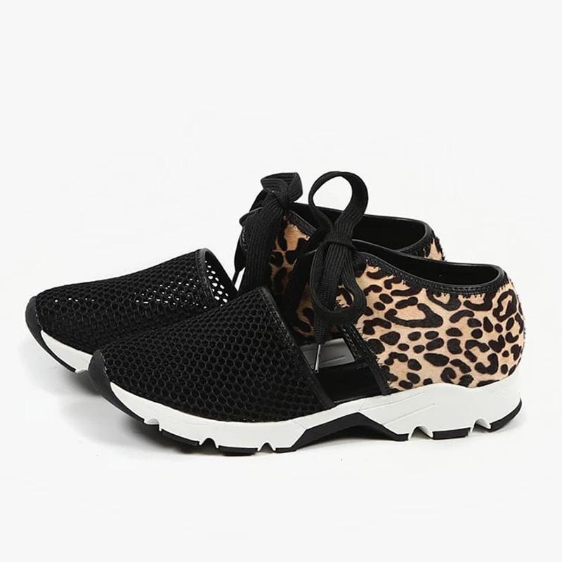 Summer flat bottom hollow casual shoes mesh lace up women's sandals leopard print contrast design ankle lace up sneakers 35-43