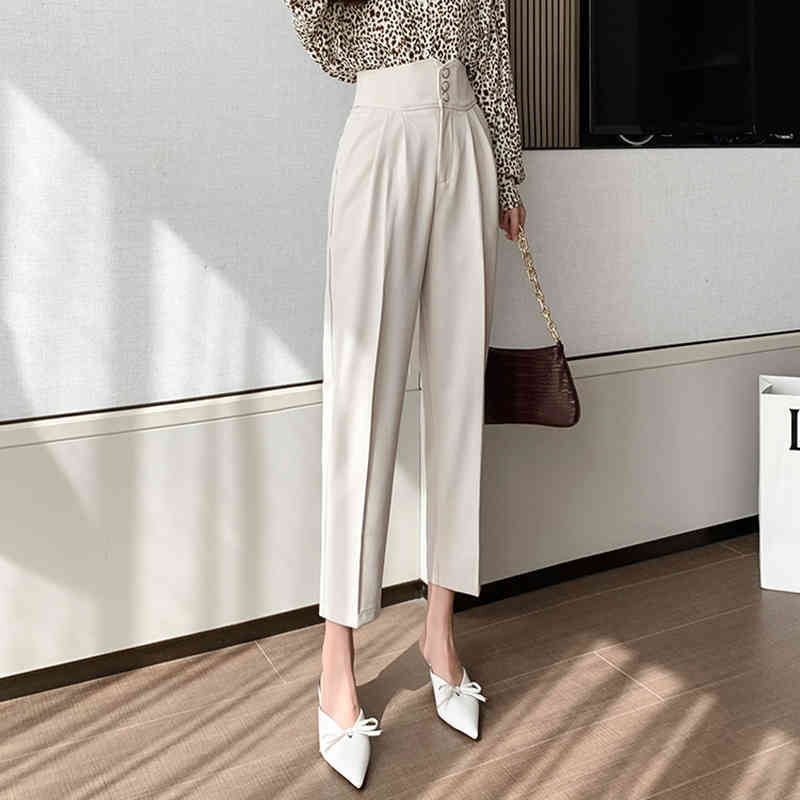 Office Lady Solid Casual Suit Spring Autumn Workwear Straight High Waist Trousers Korean Harem Capris Pants B11323P 210416