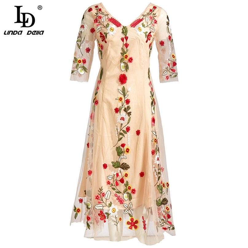 Fashion Runway Designer Summer Dress Women V-Neck Flower Embroidery Vintage Mesh A-Line Ladies Midi Vestido 210522, Multi
Fashion Runway Designer Summer Dress Women V-Neck Flower Embroidery Vintage Mesh A-Line Ladies Midi Vestido 210522, Multi