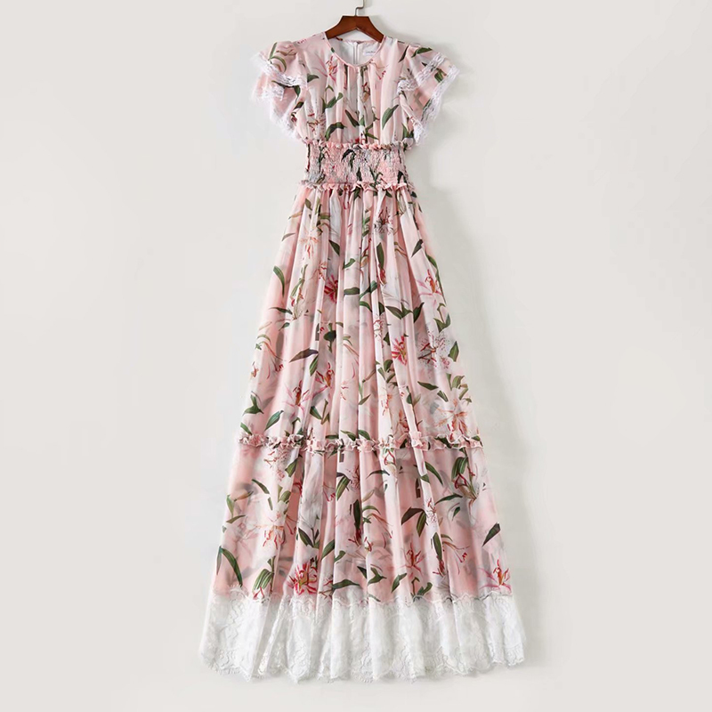 VGH Vintage Print Floral Dress For Women O Neck Short Sleeve High Waist Patchwork Lace Elegant Midi Dresses Female Fashion Style 210421