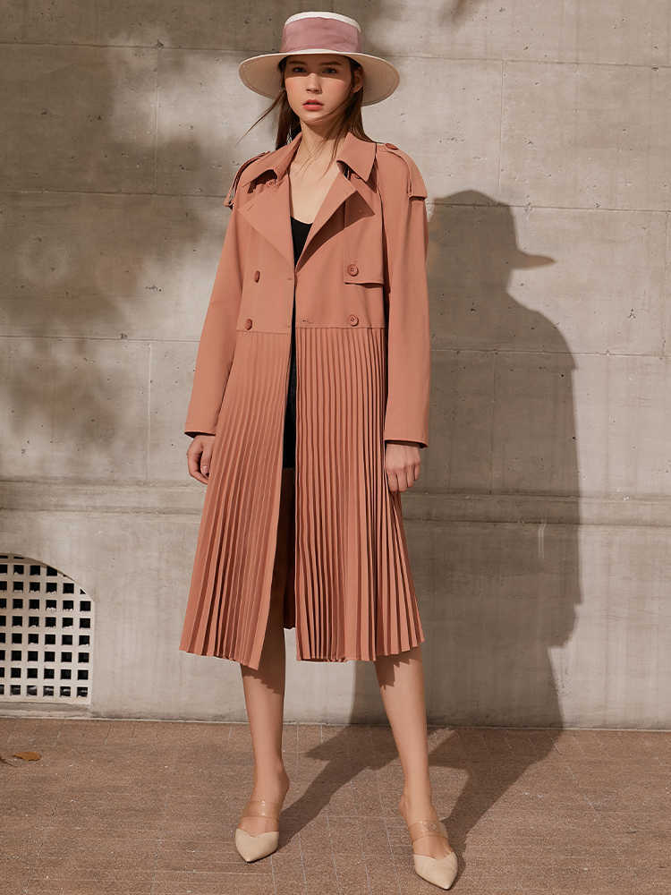 Minimalism Spring Women Trench Coat Causal Solid Pleated Double Breasted Belt Women's Windbreaker Female 12170009 210527