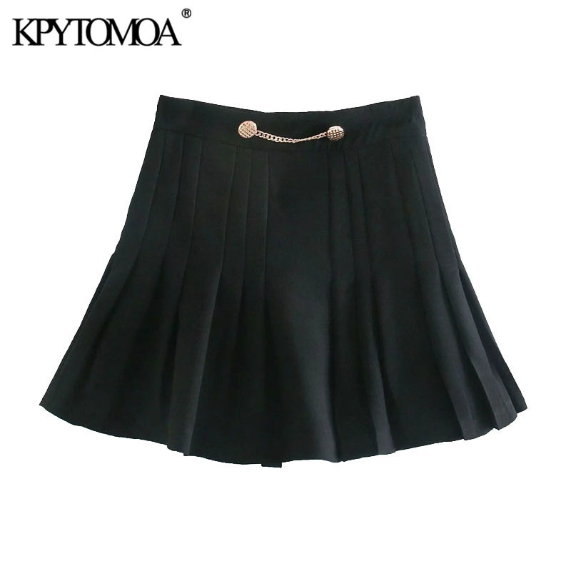 Women Chic Fashion With Chain Pleated Bermuda Shorts Vintage High Waist Back Zipper Female Skirts Mujer 210416