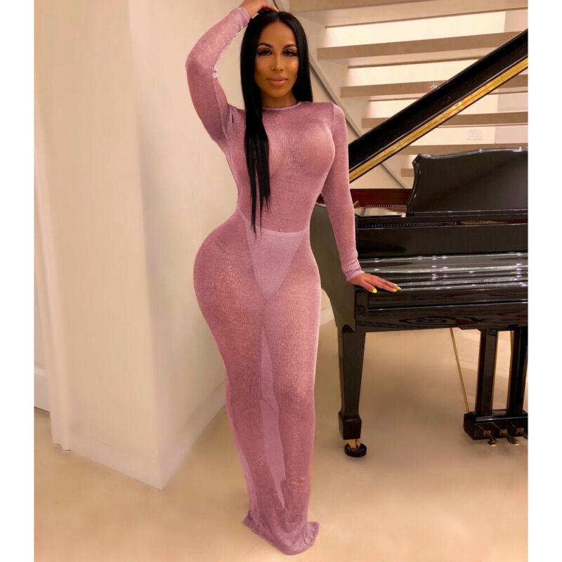 Women Sexy Club Seee-through Maxi Dress Long Sleeve Bodycon Evening Party Casual Dresses