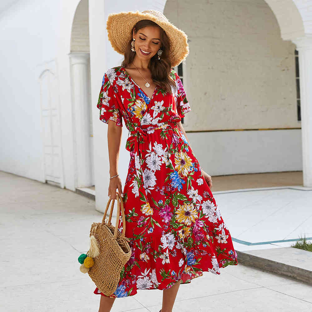 Medium Long Bohemian Print Women V Neck Short Sleeve Bandage Floral New Casual Spring Summer Dress Office Lady, Black
Medium Long Bohemian Print Women V Neck Short Sleeve Bandage Floral New Casual Spring Summer Dress Office Lady, Black