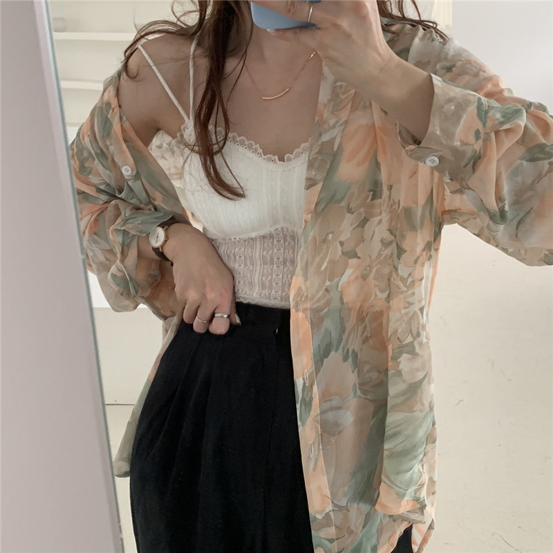 Chic Fashion Florals Printed Fresh Sunscreen Korean Loose Long Sleeve OL Basic Blouses All Match Leisure Shirts 210421