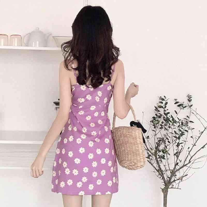 Korean fashion mini beach dress elegant women spaghetti strap sleeveless backless vintage floral short evening party dresses 210521