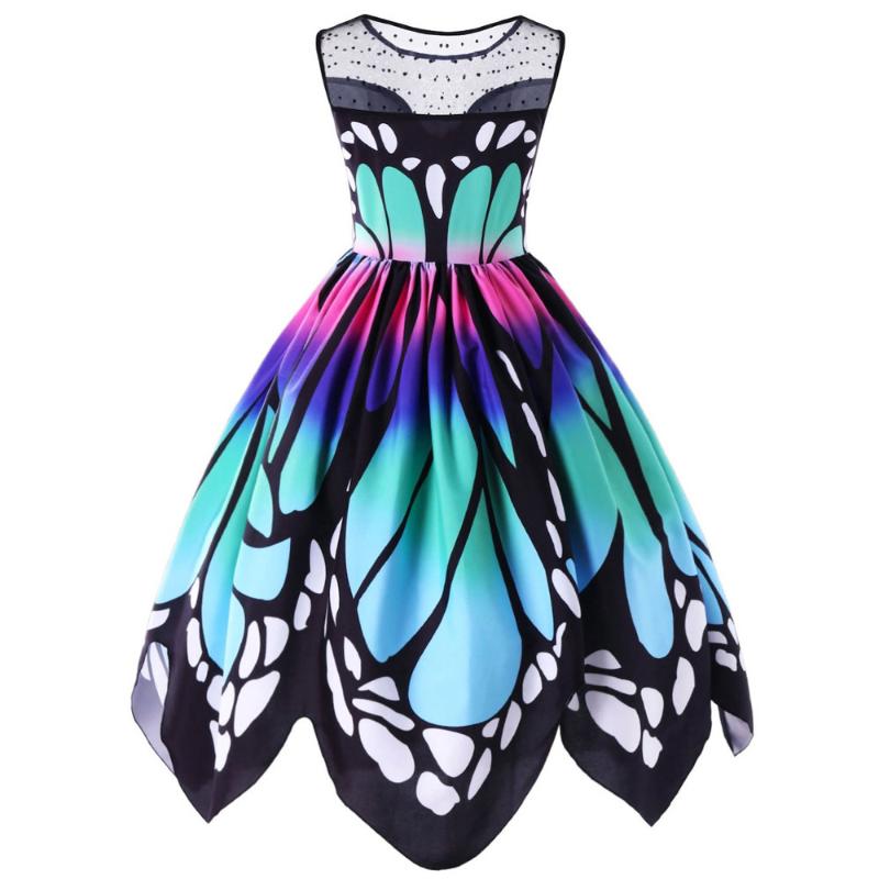 4# Butterfly Printing Dresses Womens Sleeveless Party Dress Vintage Swing Lace Kawaii Leisure Lolita Ropa Casual