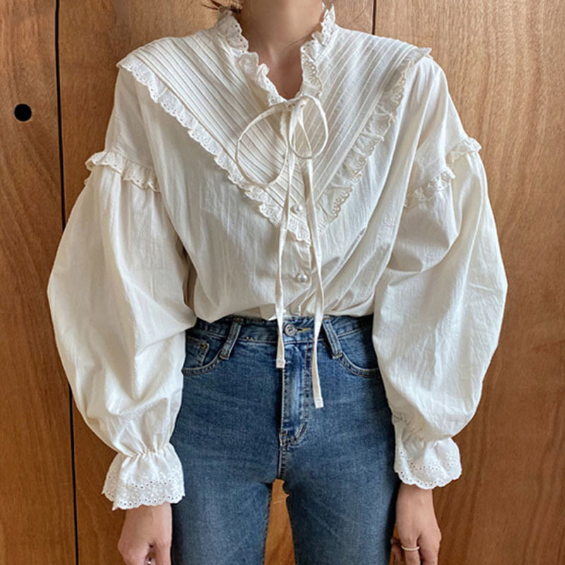 Korean Style Cotton Vintage Elegant Tops Women Shirt Loose Clothing Solid Long Lantern Sleeve Blouse Blusas 9580 210518