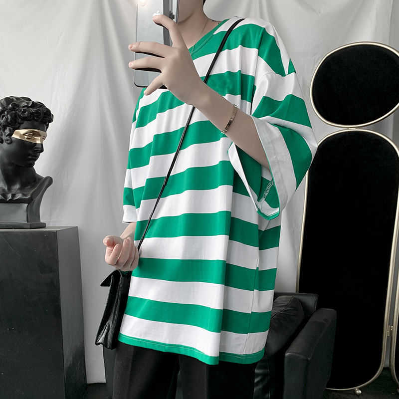 Men's Short Sleeve T-shirt Explosions Large Summer Multicolor Loose Stripes Casual 210629