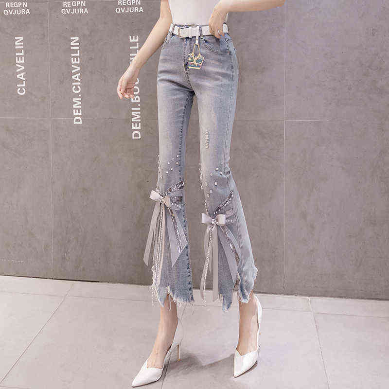 High Waist Jeans Women Ripped Cropped Women's Spring Summer Irregular Beaded Bow Flared Denim Pants Ladies 211129