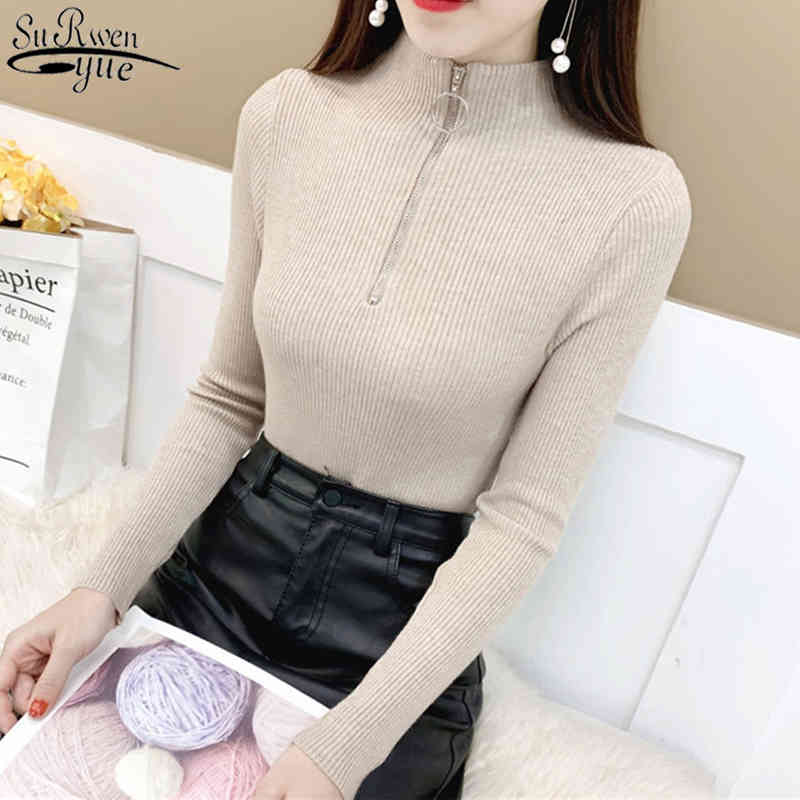 Fashion Knitted Pullover Bottoming Shirt Winter Clothes Women Half Turtleneck Sweater Zipper Knitwear Femme 11034 210427