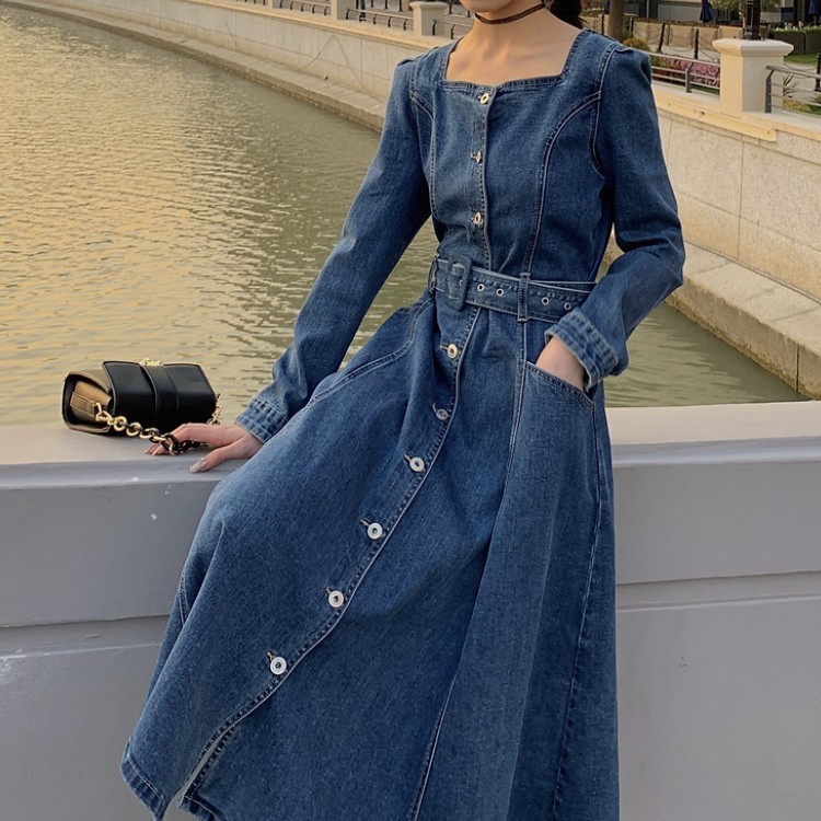 Denim Dress Women Korean Spring Temperament Elegant Square Collar Retro Single-Breasted Casual Slim Long Vestidos 210519