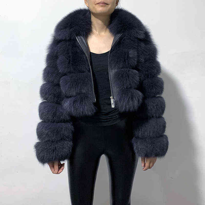 r982 Winter Woman's Fashion Short Style Slim Fit Zipper Real Fur Bomber Jacket 211111