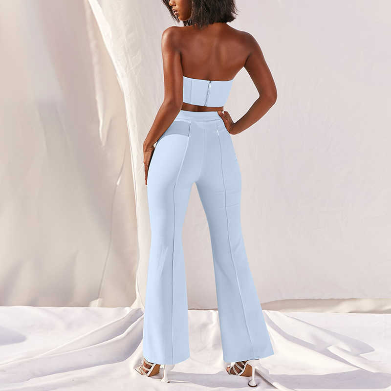 Colysmo Boning Bustier Long Flare Pants Two Piece Set Women Sexy Crop Top High Waist Trousers OL Casual Autumn Outfit White 210527