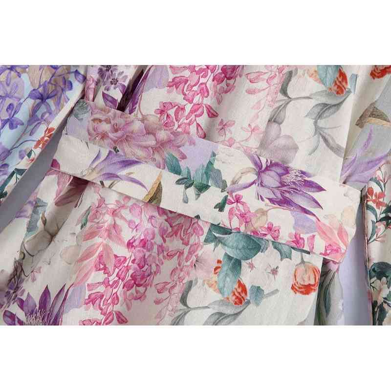 Spring Autumn Single-Breasted Flower Print Lace-Up Dress Female Long-Sleeve Comfortable Shirt Casual 210514