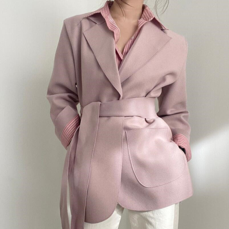 OL Notched Solid Chic Lace-up Woolen Blazer Coat Female Autumn Winter Elegant Formal Women Blazers Suit Jacket 210421