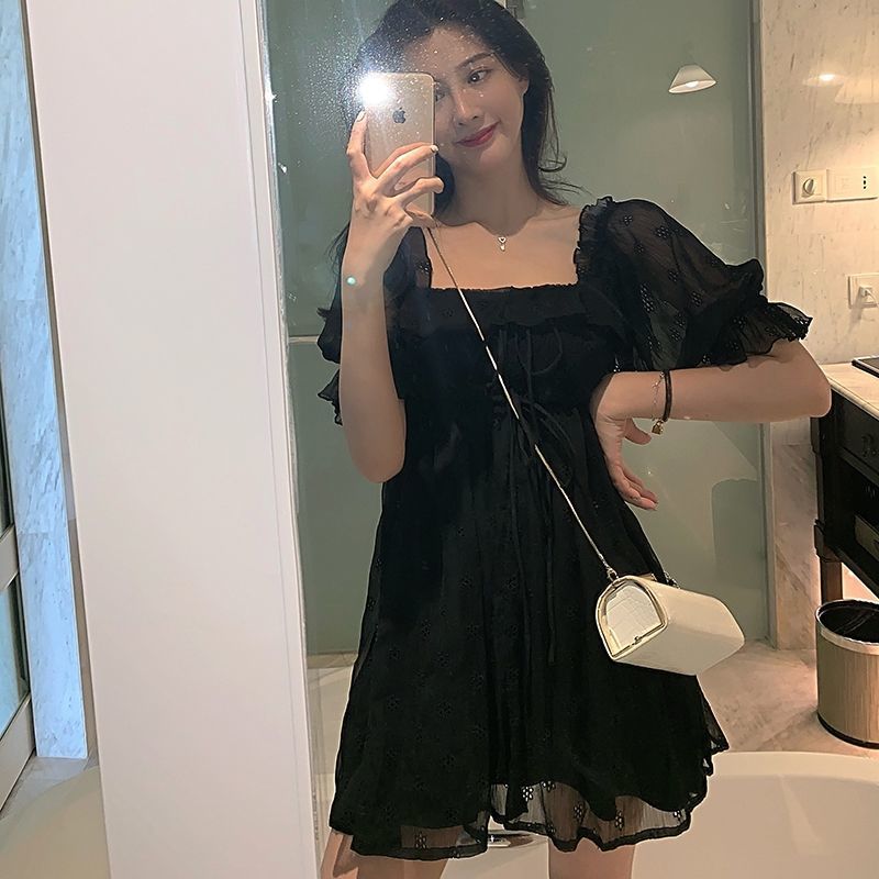 Puff Sleeve Casual Black Dress Women Square Collar Elegant Dress Evening Party Gothic Dress for Females Korean Style Summer 210521