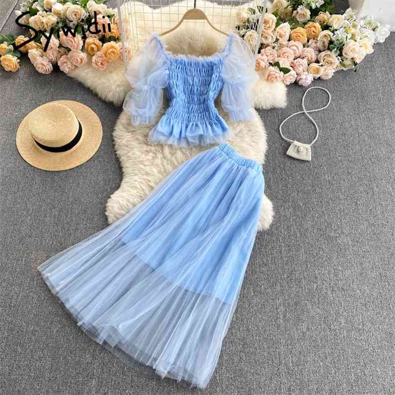 2 Piece Mesh Skirts Set Women Summer Puff Sleeve Square Collar Short Blouse Elastic Waist Long Skirt Blue Pink Red 210607, Purple
2 Piece Mesh Skirts Set Women Summer Puff Sleeve Square Collar Short Blouse Elastic Waist Long Skirt Blue Pink Red 210607, Purple