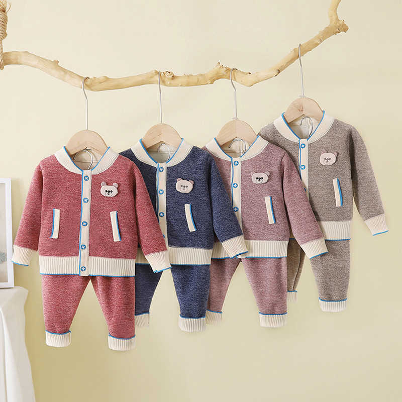 2020 New Spring Autumn Baby Boys Girls Clothing Sets 2pcs Cardigan Velvet Sweaters+Pants Boutique Knitted Baby Sets H0909