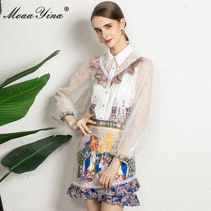 Fashion Runway Summer print Skirts Suit Women White Long sleeve Shirt and High waist Vintage Mini 2 Pieces 210524