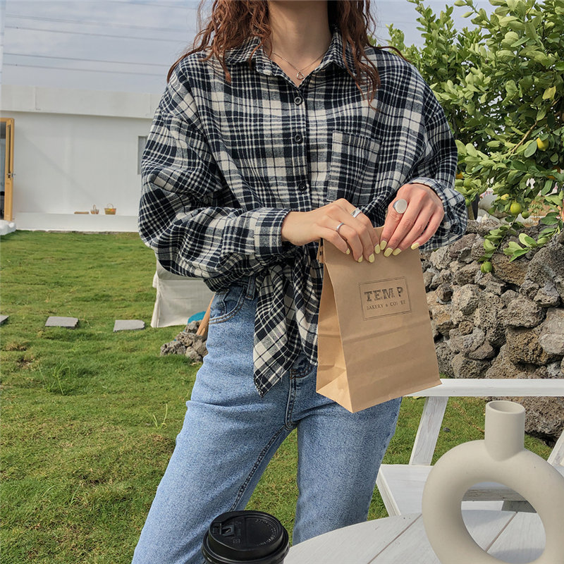 Japanese Plaid Leisure Geometric Large Size Tops Office Loose All Match Women Casual Blouses Long Sleeve Shirts 210421