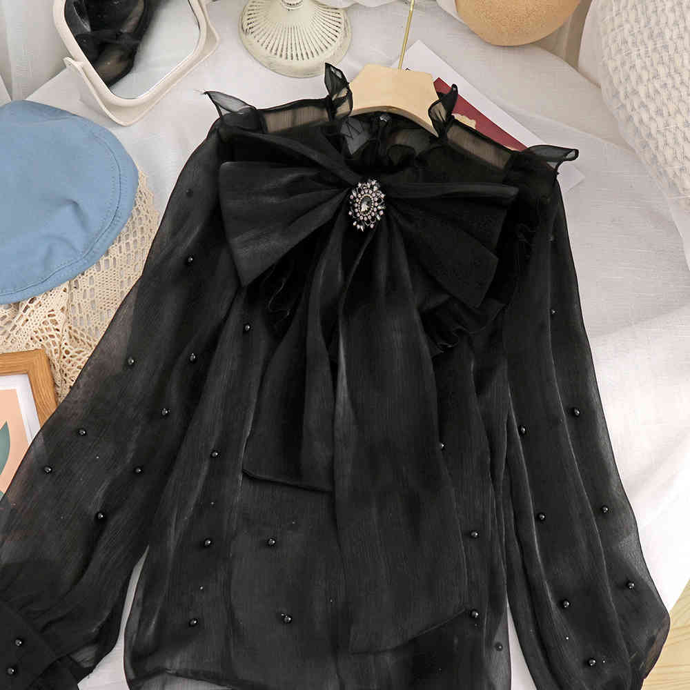 See Through Women Chiffon Shirt Blouse Bow Bandage Beading Blusas Femme Long Sleeve Summer Blouses 210519
