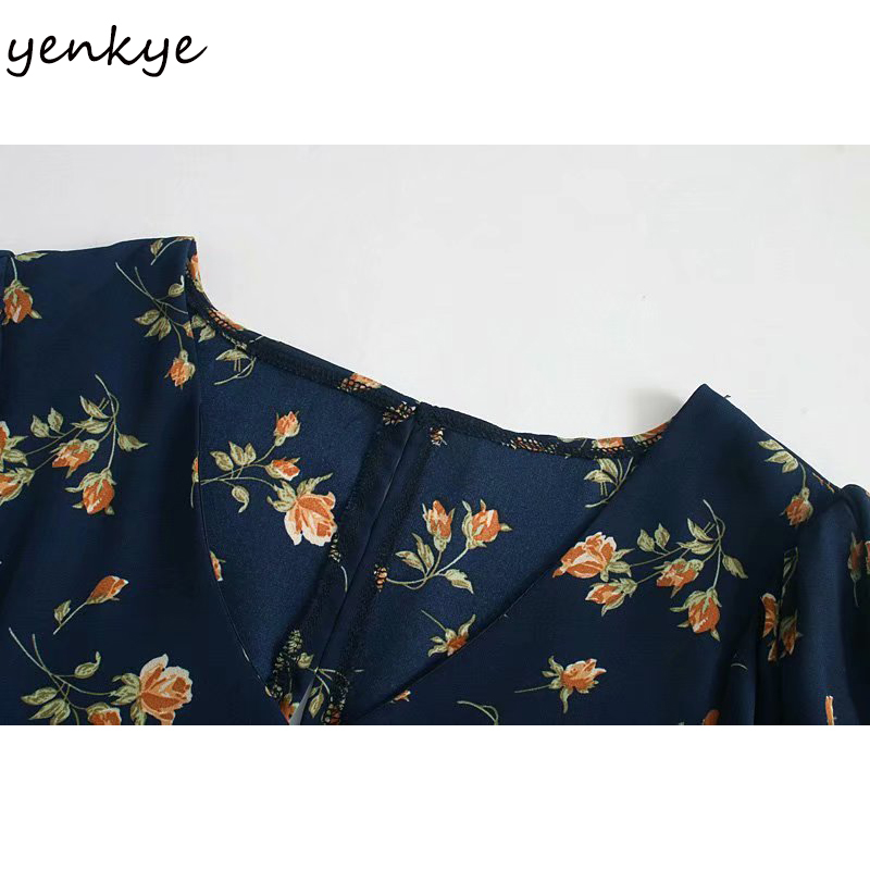 YENKYE Chiffon Summer Dress Women Vintage Prairie Chic Floral Print Dress Female V Neck Sexy Hem Slits A-line Midi Robe Femme 210515