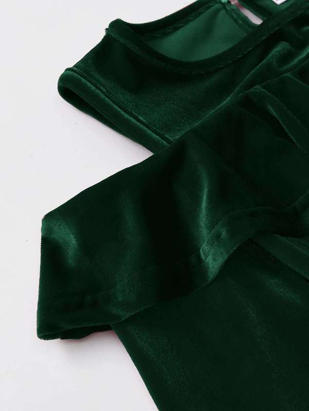 Girls Cold Shoulder Ruffle Trim Bow Velvet Dress SHE