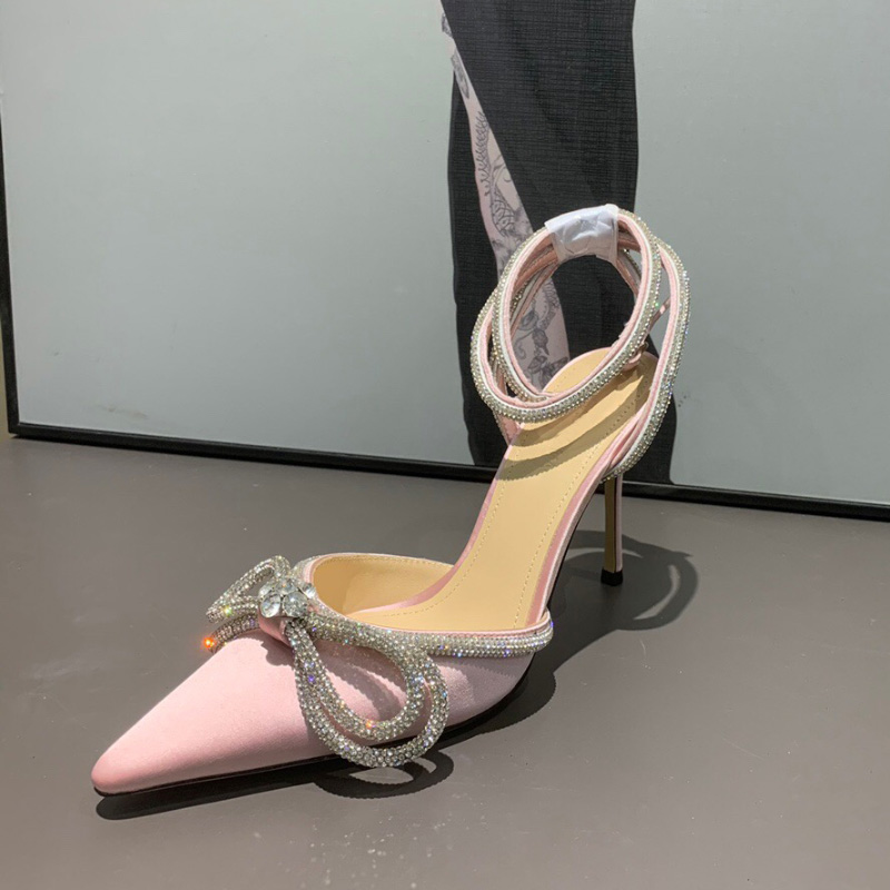 

mach Satin Bow Pumps Crystal Embellished rhinestone Evening shoes stiletto Heels sandals women heeled Luxury Designers ankle strap Dress sho, Fuchsia