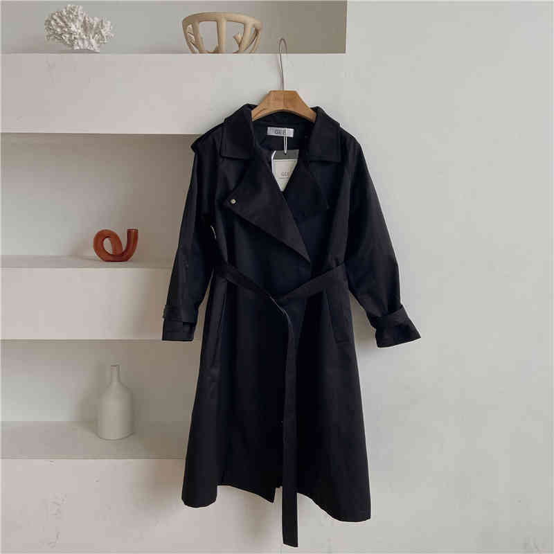 Minimalist Fashion Double-breasted Khaki Long Trench Coat OL Outwear Solid Frock Women Windbreaker 210421