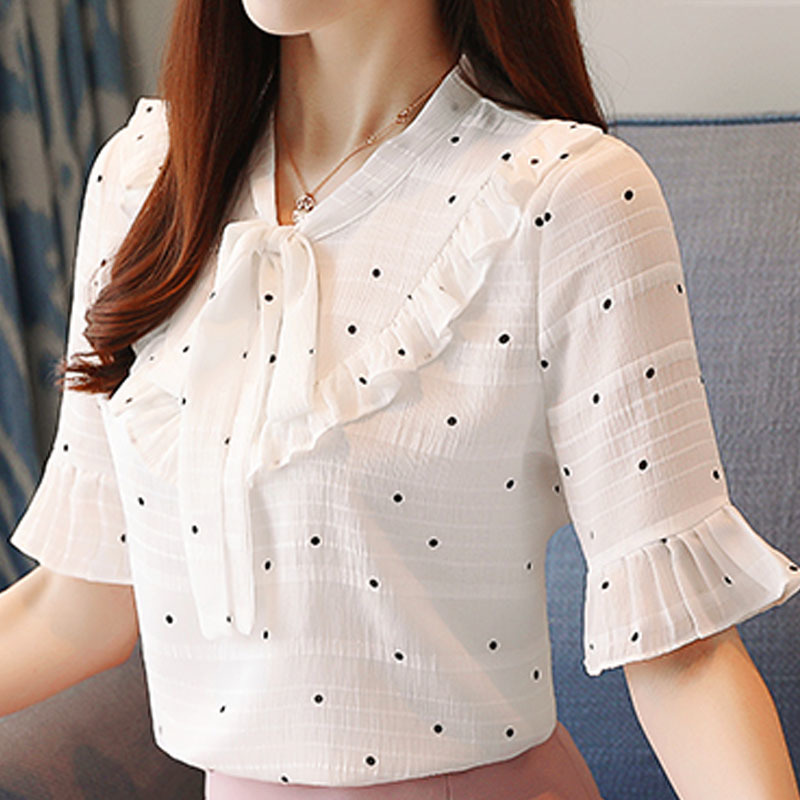 Korean Fashion Clothing Women Blouses Tops White Shirts Chiffon Shirt Blouse Bow Polka Dot V-Neck 3050 50 210415