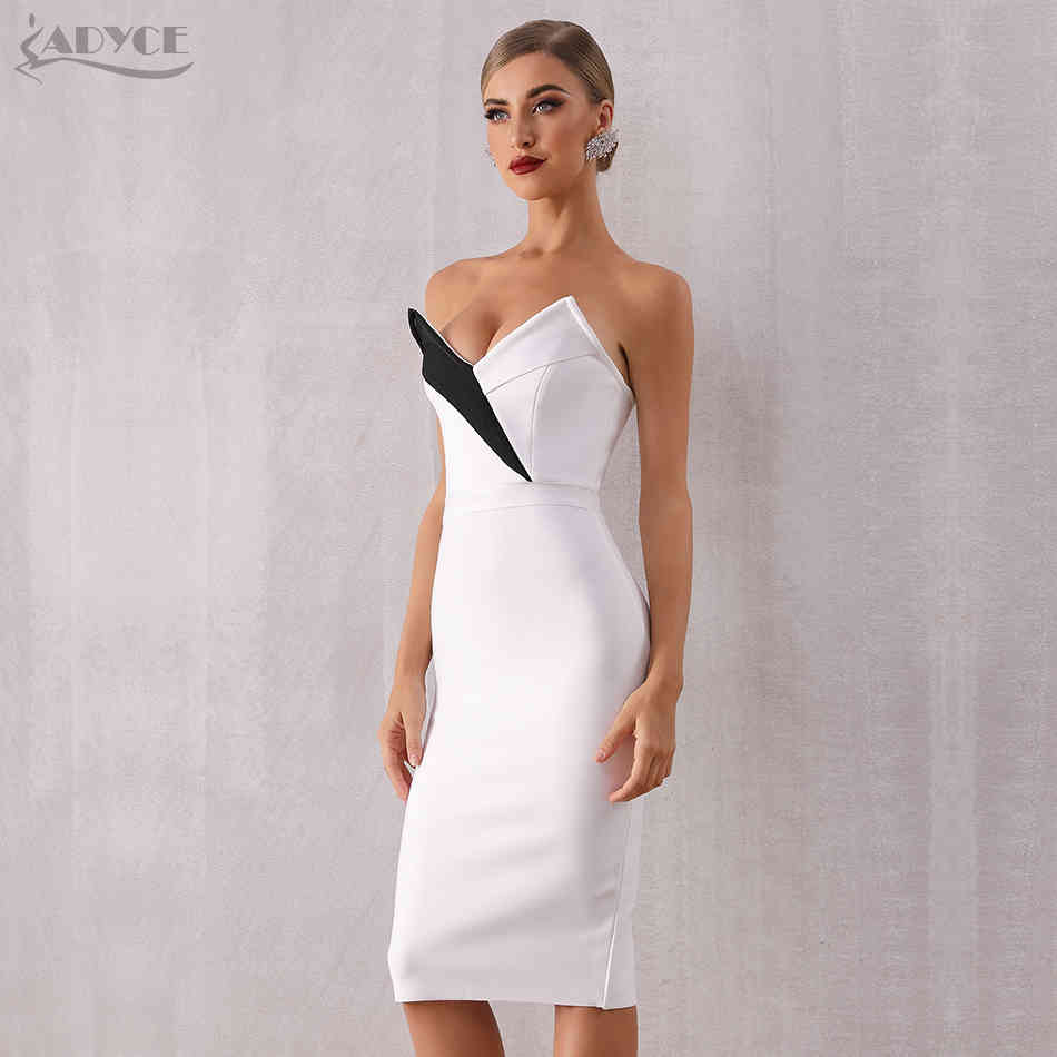 Summer Women Club Bandage Dress Sexy Sleeveless White Black V Neck Elegant Celebrity Evening Party Runway Dresses 210423