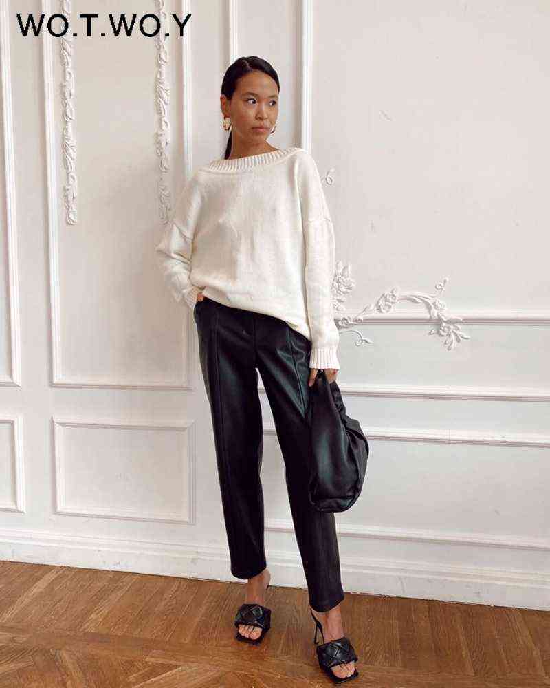 WOTWOY Elegant Spliced PU Leather Pant High Waist Office Lady Fomal Trousers Female Black Straight with Pockets 211124Z