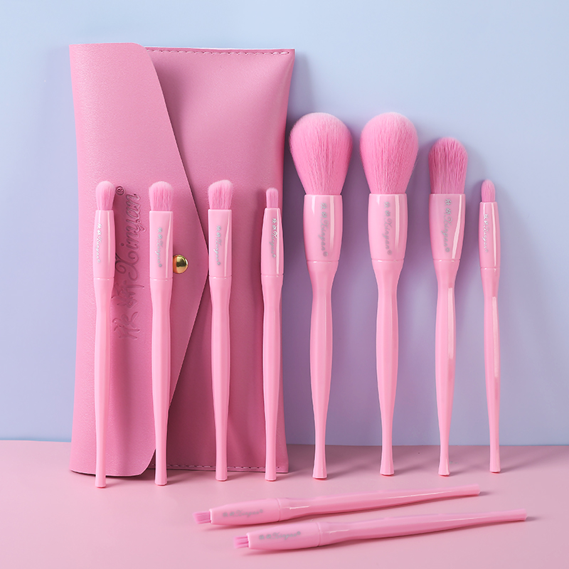 10pcs Florescent affordable Acrylic pink no logo cosmetic makeup brush set with bag