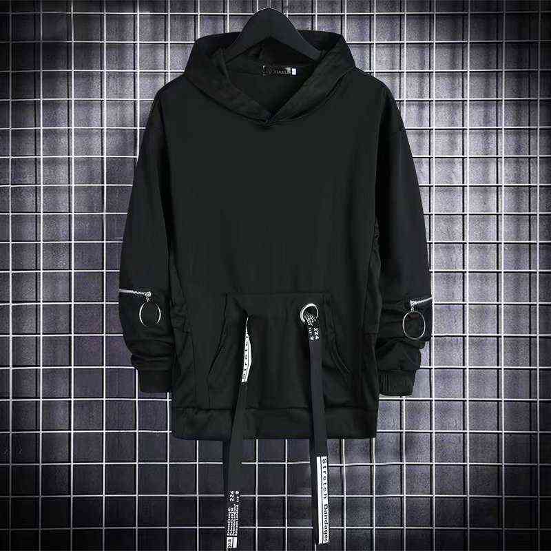HOUZHOU Black Hoodie Goth Sweatshirt Hood Autumn Techwear Punk Gothic Darkwear Hoodie Sweatshirts Streetwear Hip Hop Harhjuku 211116