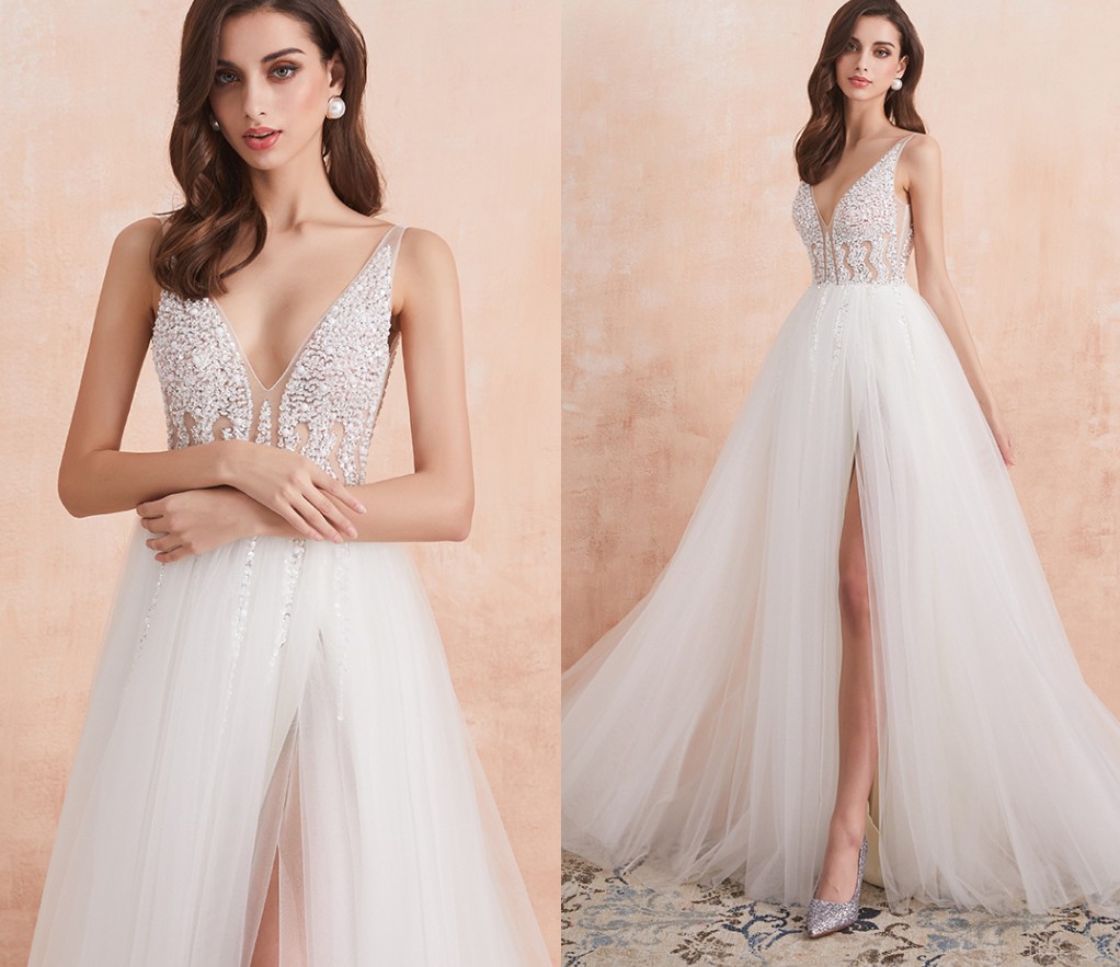 V Neck Wedding Dress White Ivory Sexy High Splits Beaded Beading Pearls Crystal A Line Backless Bridal Gown Vestido De Noiva Robe Mariage