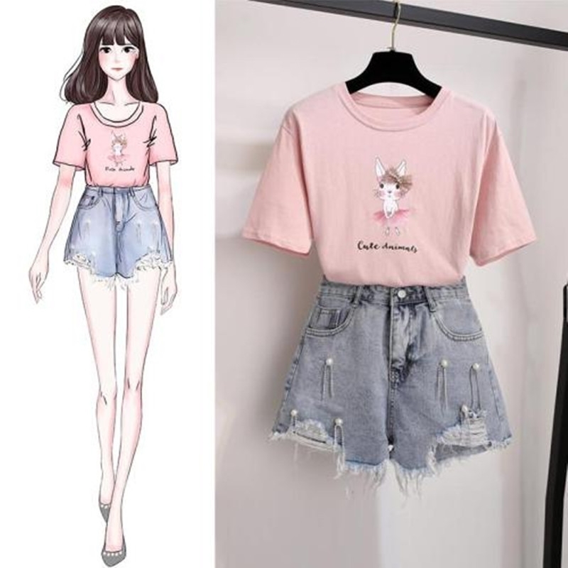 Simple Fashion Tshirt With Denim Short Two piece set Women Cartoon printted Cotton + Beaded Tassel Slim Jean Shorts Outfits 210525, Gray
Simple Fashion Tshirt With Denim Short Two piece set Women Cartoon printted Cotton + Beaded Tassel Slim Jean Shorts Outfits 210525, Gray