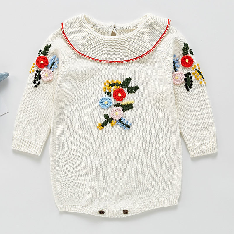 Cute Baby Girl Knit Embroider Rompers Spring Autumn Long Sleeve Fashion Infant Clothes 0-3Yrs 210429