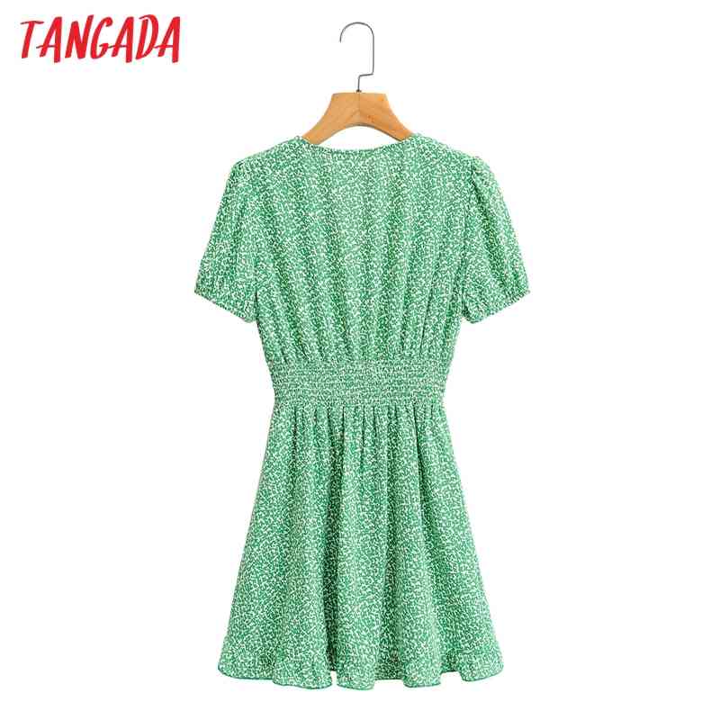 Summer Women Green Leaf Chiffon V Neck Short Sleeve Ladies Mini Dress Vestidos 1F103 210416