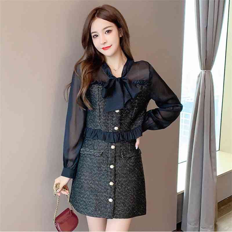 Fall Two piece set Women Chiffon Patchwork Tweed Bowknot Long Sleeve Ruffles Shirt Top + A-line Mini Skirt Suits 210519