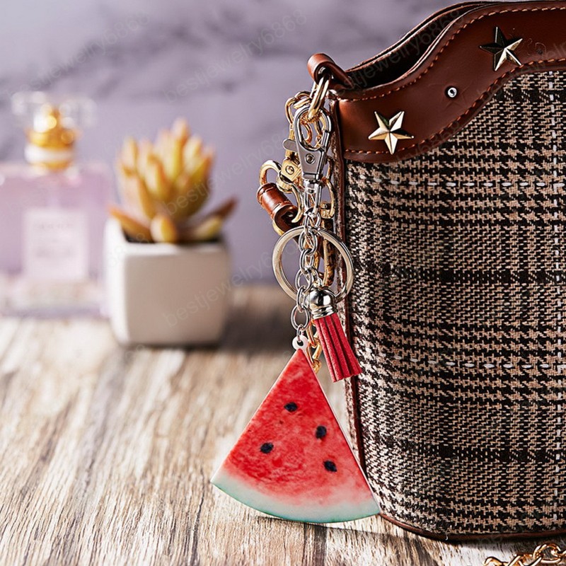 Fashion Fruit Acrylic Keychain For Woman Watermelon Orange Tomato Pineapple Pendant Tassels Key Chains Couple Bag Ornament Gift