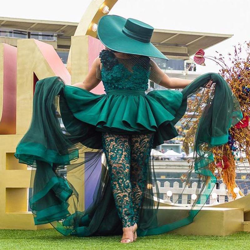 Dark Green Jumpsuit Evening Dresses Lace Pants Beads 3D Appliques Real Image Outfit Long Prom Gowns Hi Lo Mother Dress Plus Size