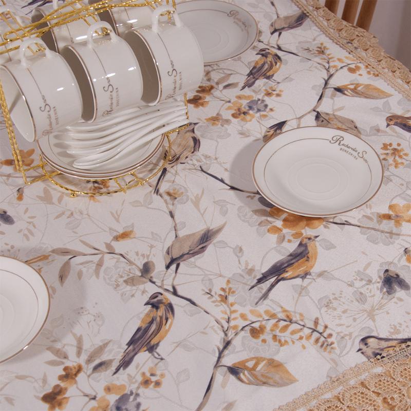 European Style Est Design Wedding Party Decorative Jacquard Tablecloth Lovely Sparrow Printing Embridery Lace Dinning Cover Table Cloth