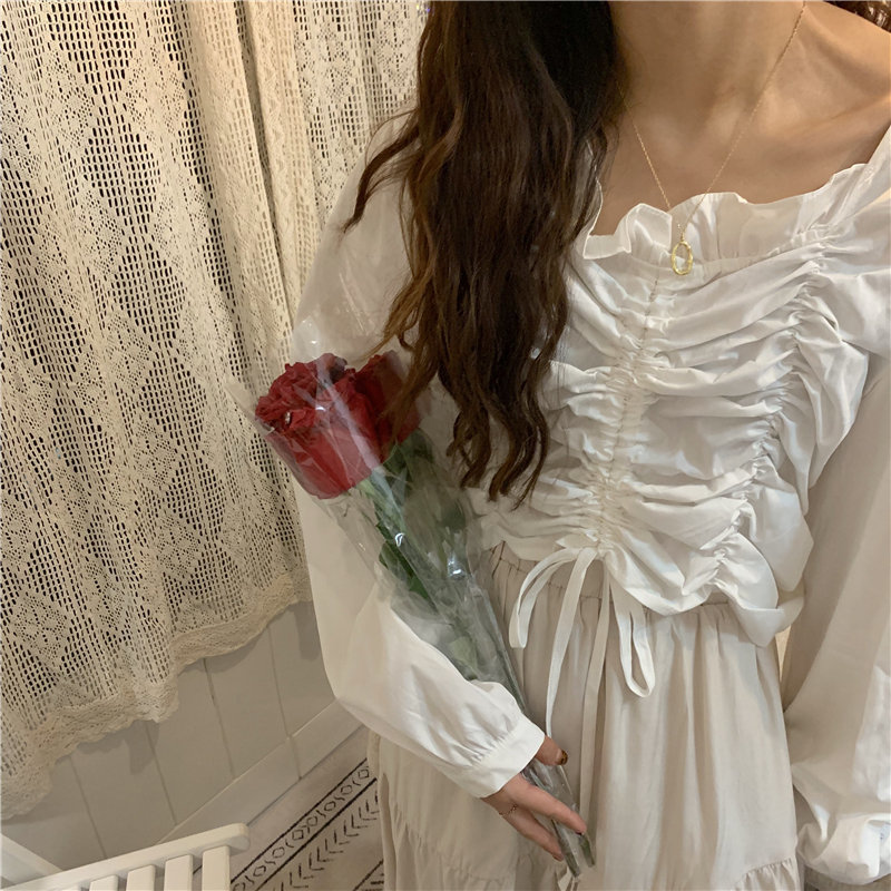Korean Fashion Clothing Elastic Pleated Solid Drawstring Spring Blouse Blusas Mujer De Moda Puff Sleeve White Shirts 10118 210506