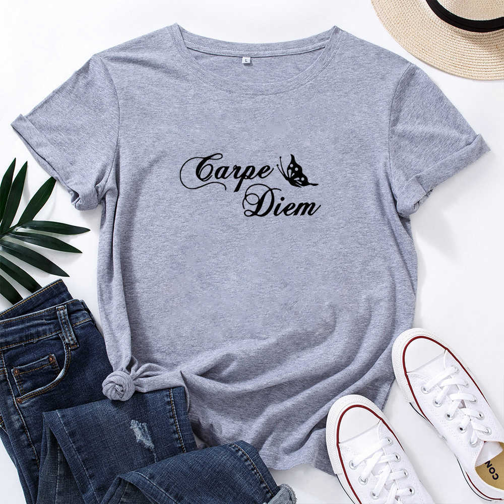Carpe Diem Pattern Printing Graphic Tees Women Black Red Letters Personalized T-shirt Women O-neck Loose Cotton Woman Tshirt Top 210527