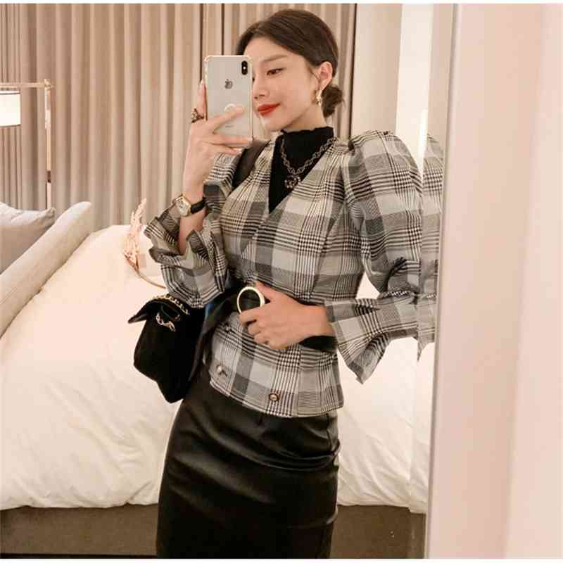 Korea fashion 2 Pieces Suits Women Autumn Plaid Printed Suede Fashion Work Sheath Bodycon Pencil Skirt Office Set 210519