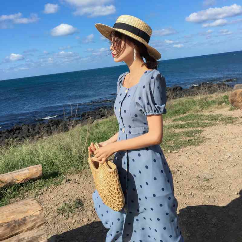 Summer Casual Dot Print Knee Length Dress sexy female dresses Sweet beach Holiday dress 210514